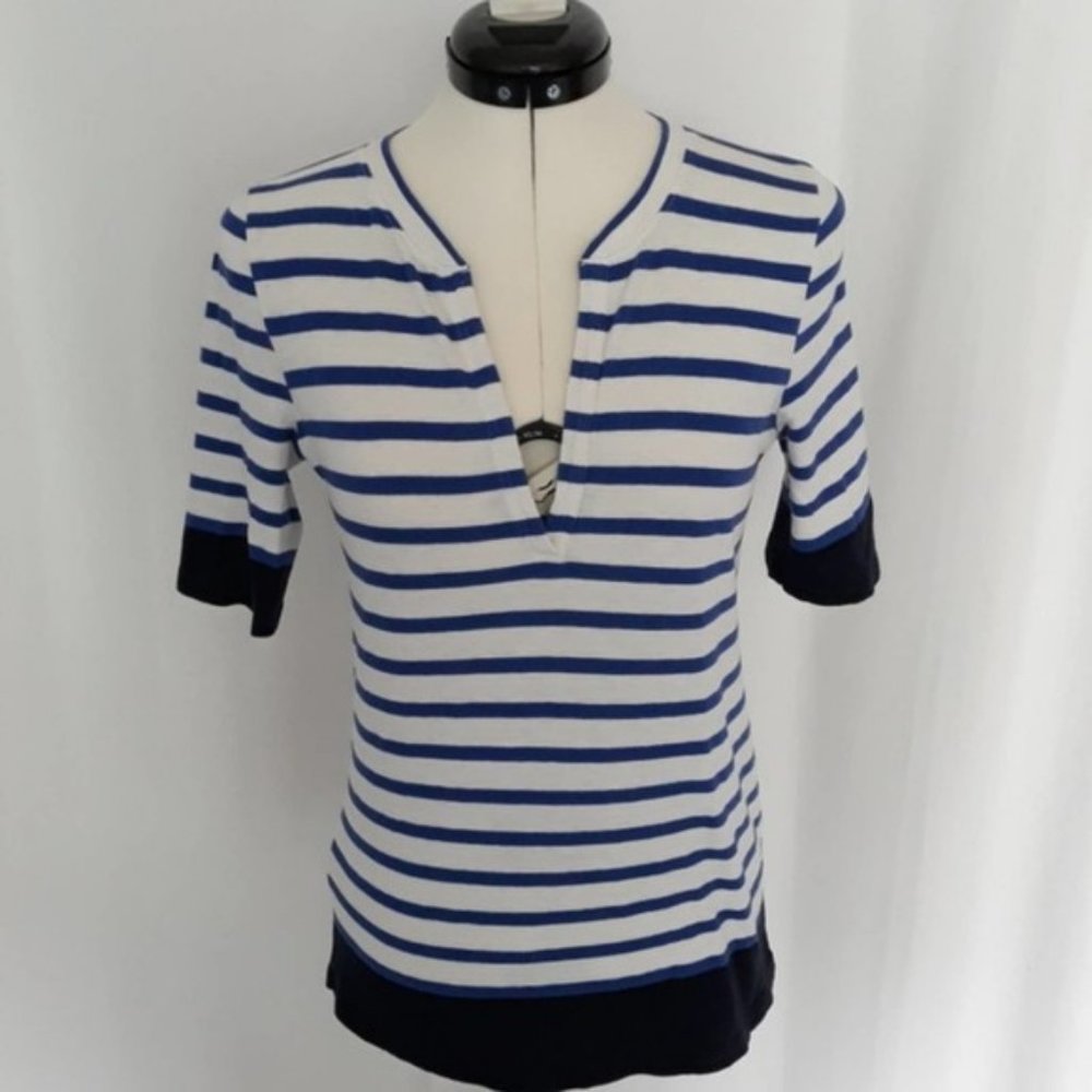 J. Crew Blue & White Striped Deep V-Neck Small